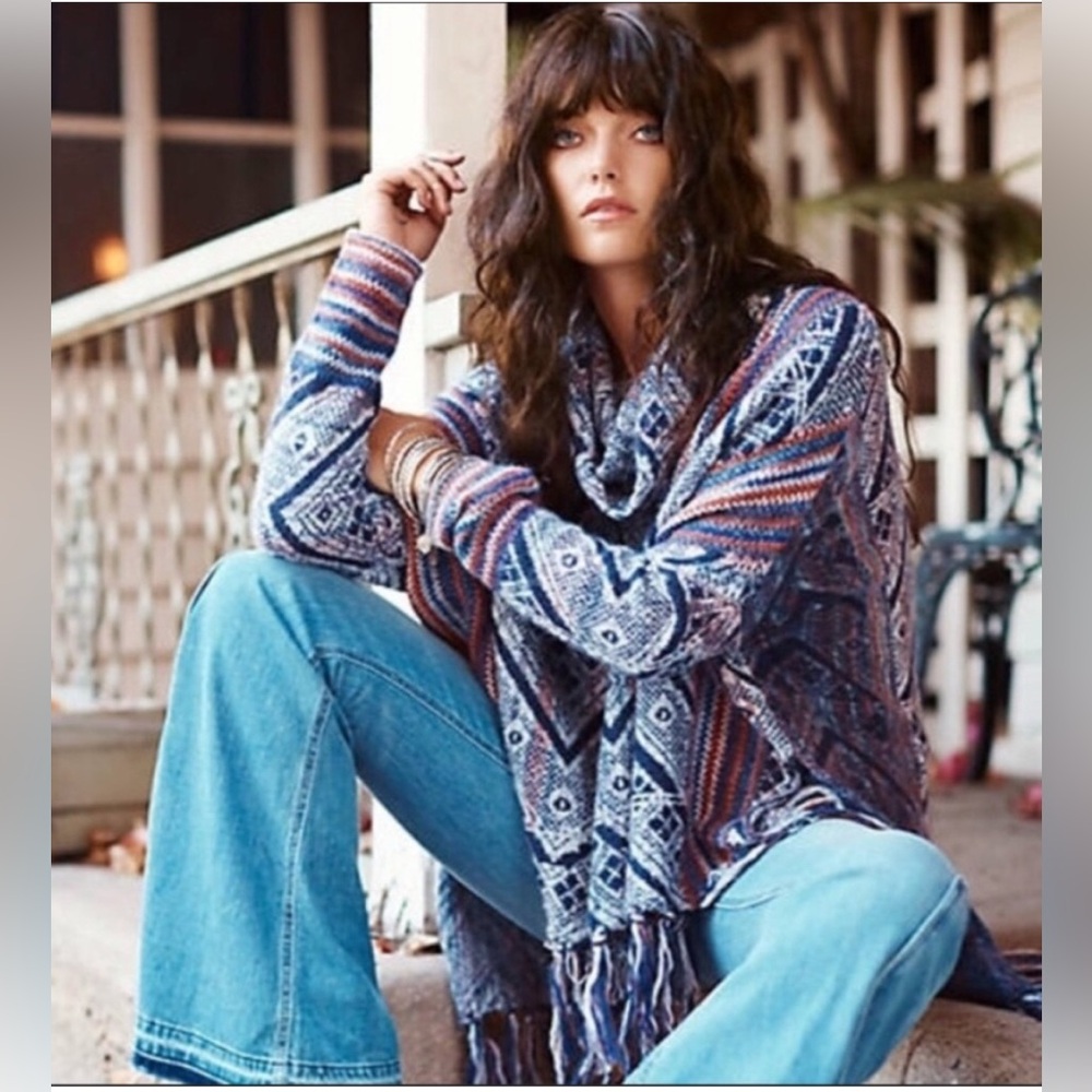 Free People Blue and Brown Patterned Poncho Sweater